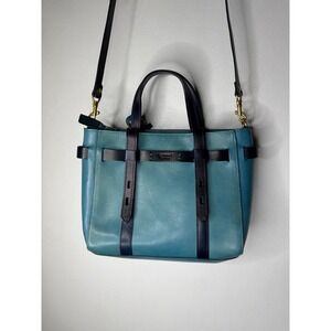 Old trend mini tote teal leather black leather ribbon